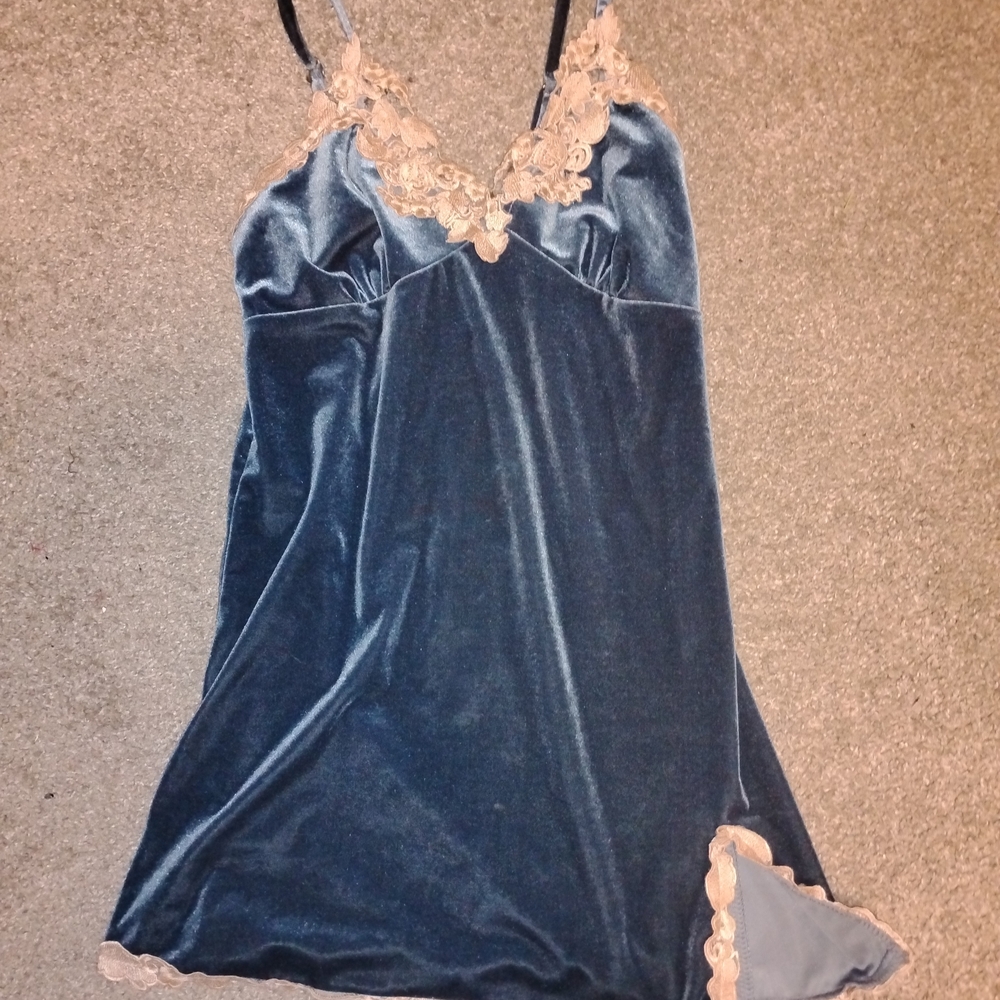 Blue Velvet Dress with Lace Trim